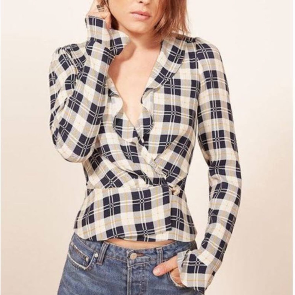 Reformation Lee Top Navy Tartan Plaid Wrap Blouse. Size M